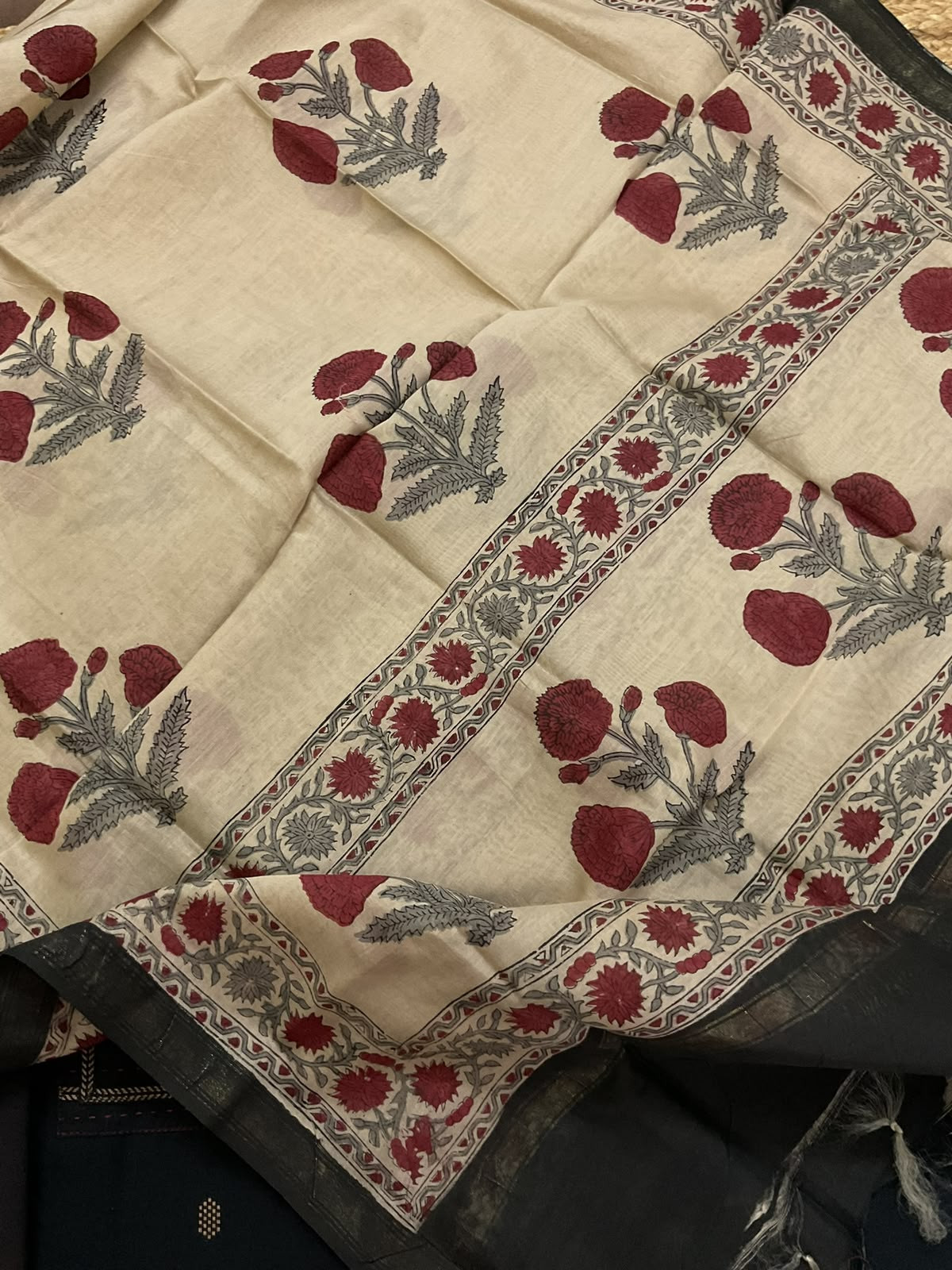 Pure Handloom Cotton Printed Embroidered Self Weaved Suit - Black