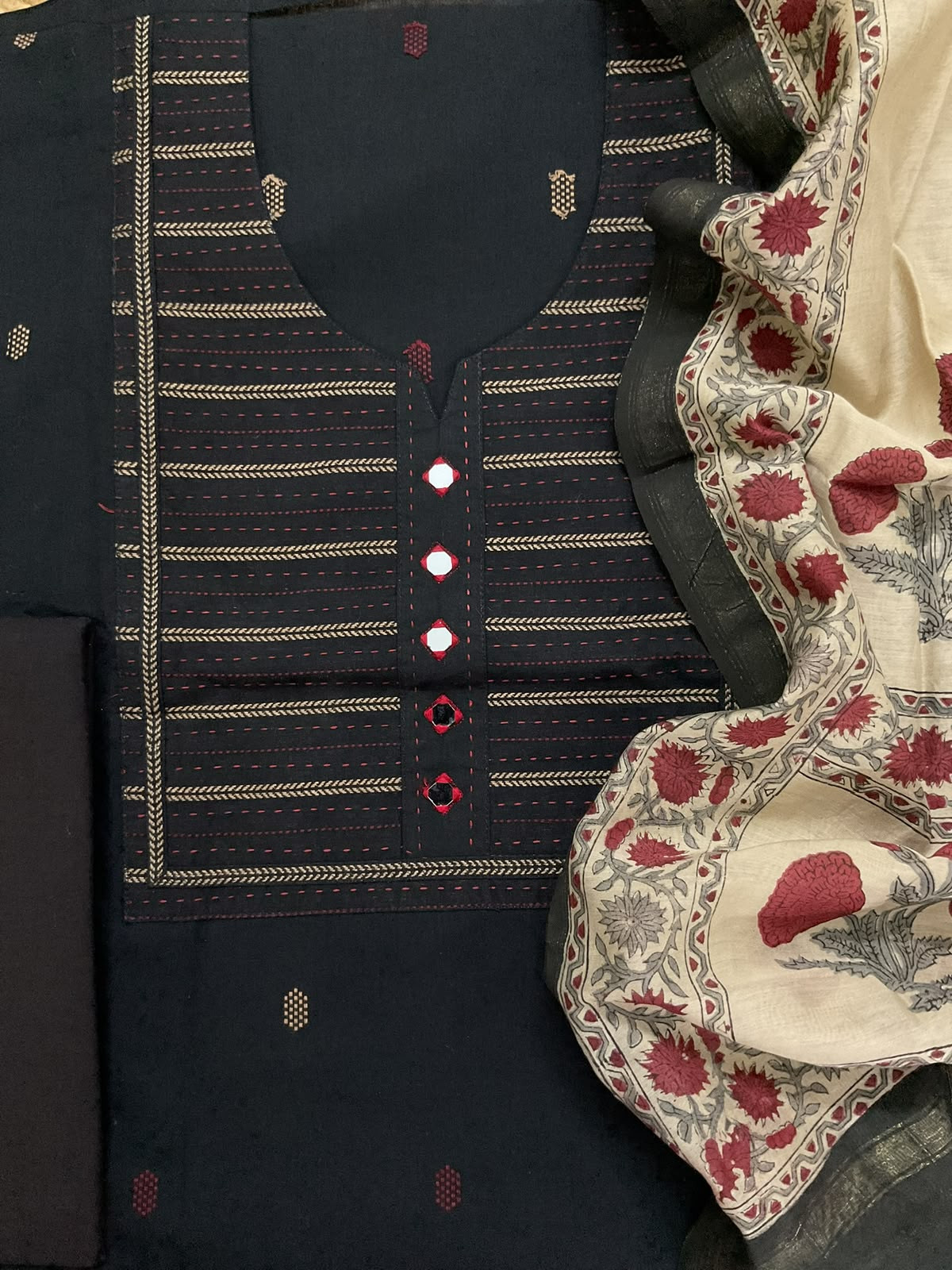 Pure Handloom Cotton Printed Embroidered Self Weaved Suit - Black