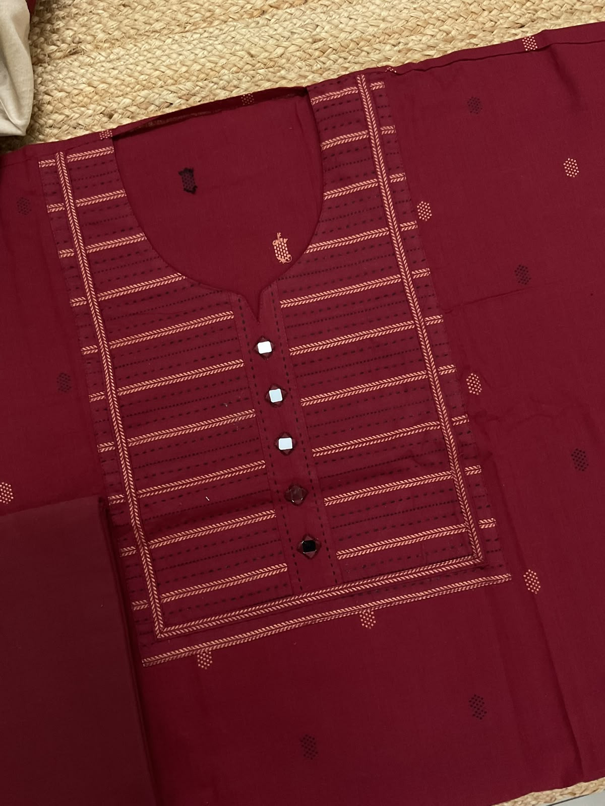Pure Handloom Cotton Printed Embroidered Self Weaved Suit - Maroon