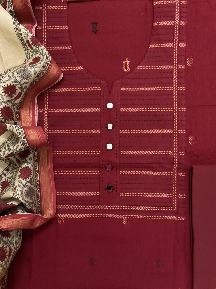 Image of Pure Handloom Cotton Printed Embroidered Self Weaved Suit - Maroon