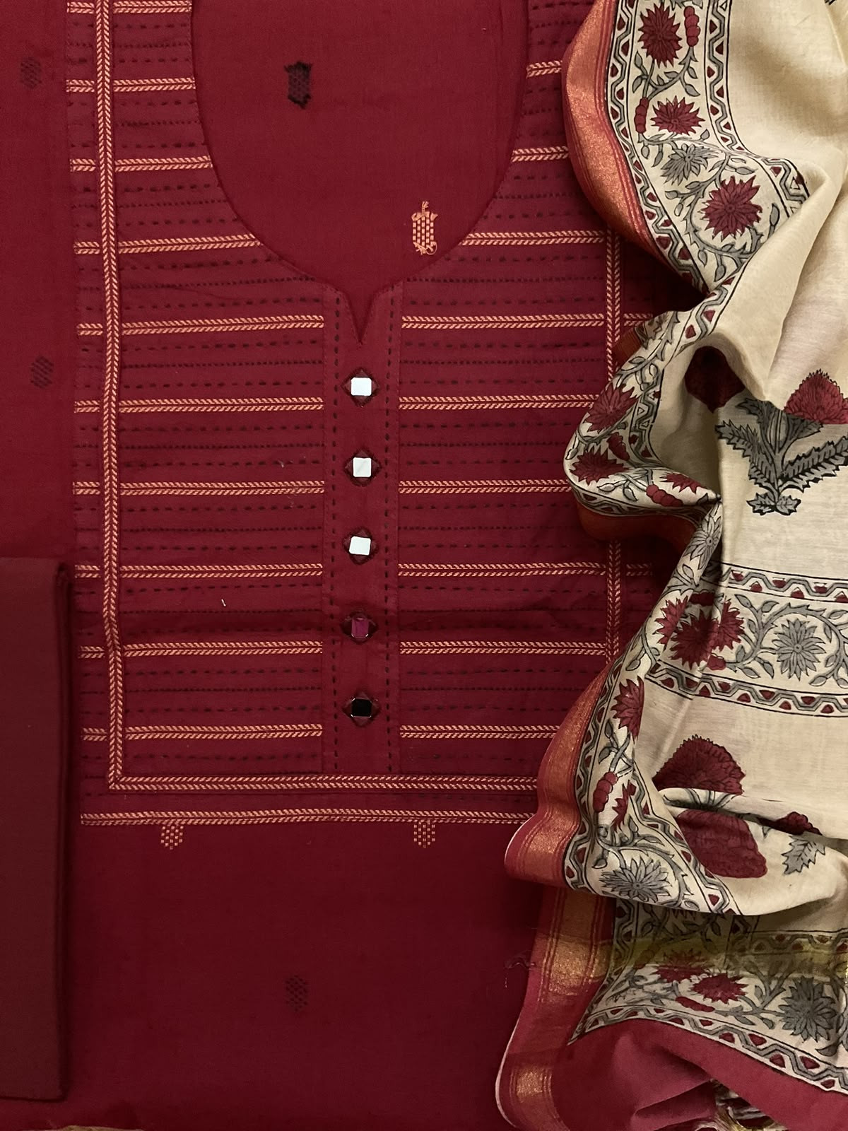 Pure Handloom Cotton Printed Embroidered Self Weaved Suit - Maroon