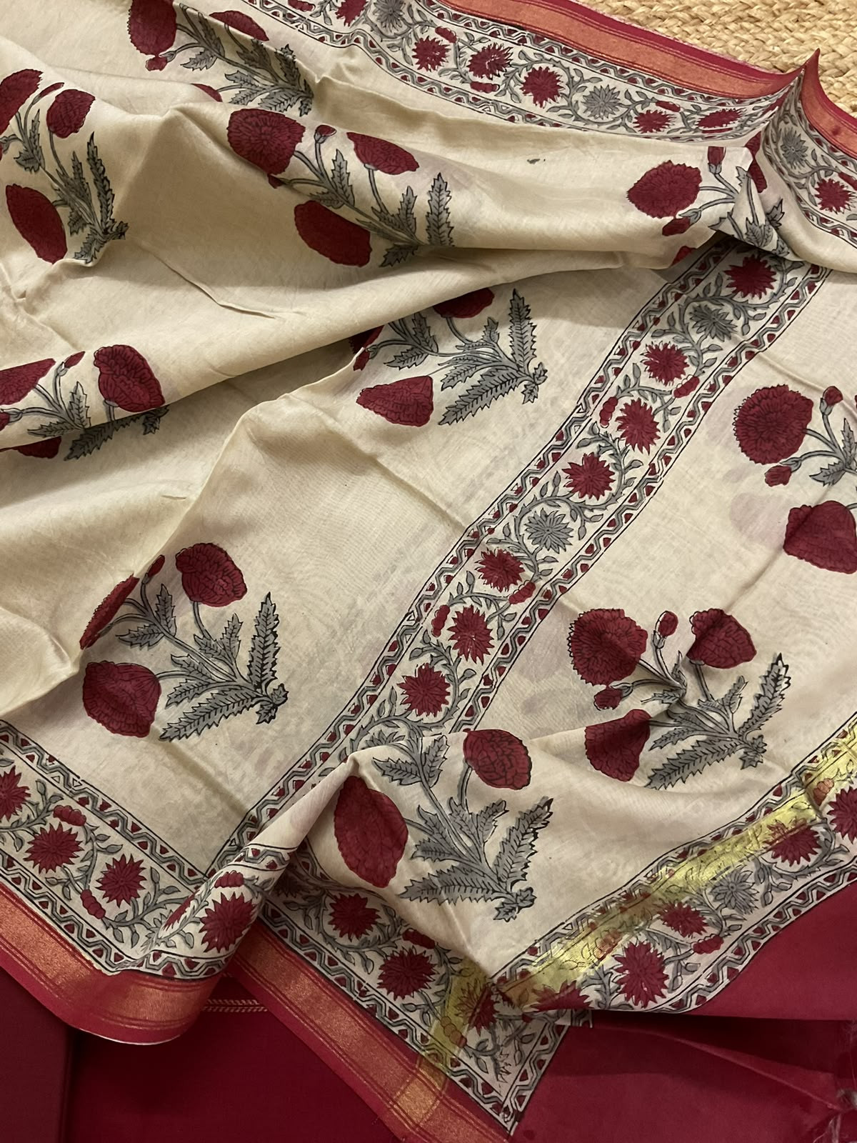 Pure Handloom Cotton Printed Embroidered Self Weaved Suit - Maroon
