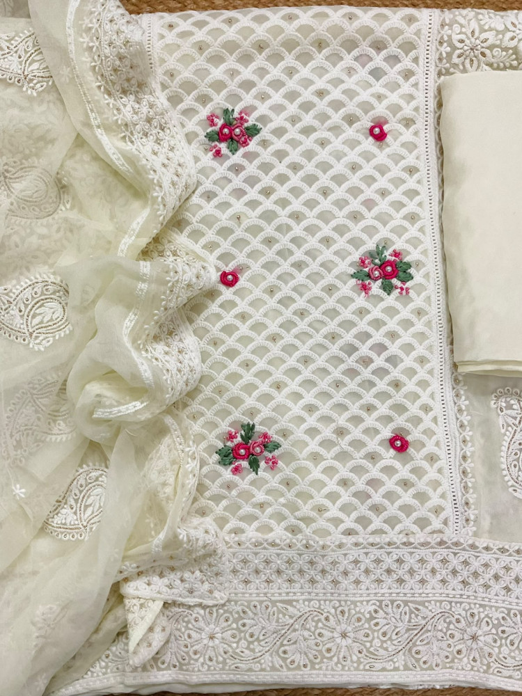 Image of Pure Fine Georgette Embroidered Suit - Off White