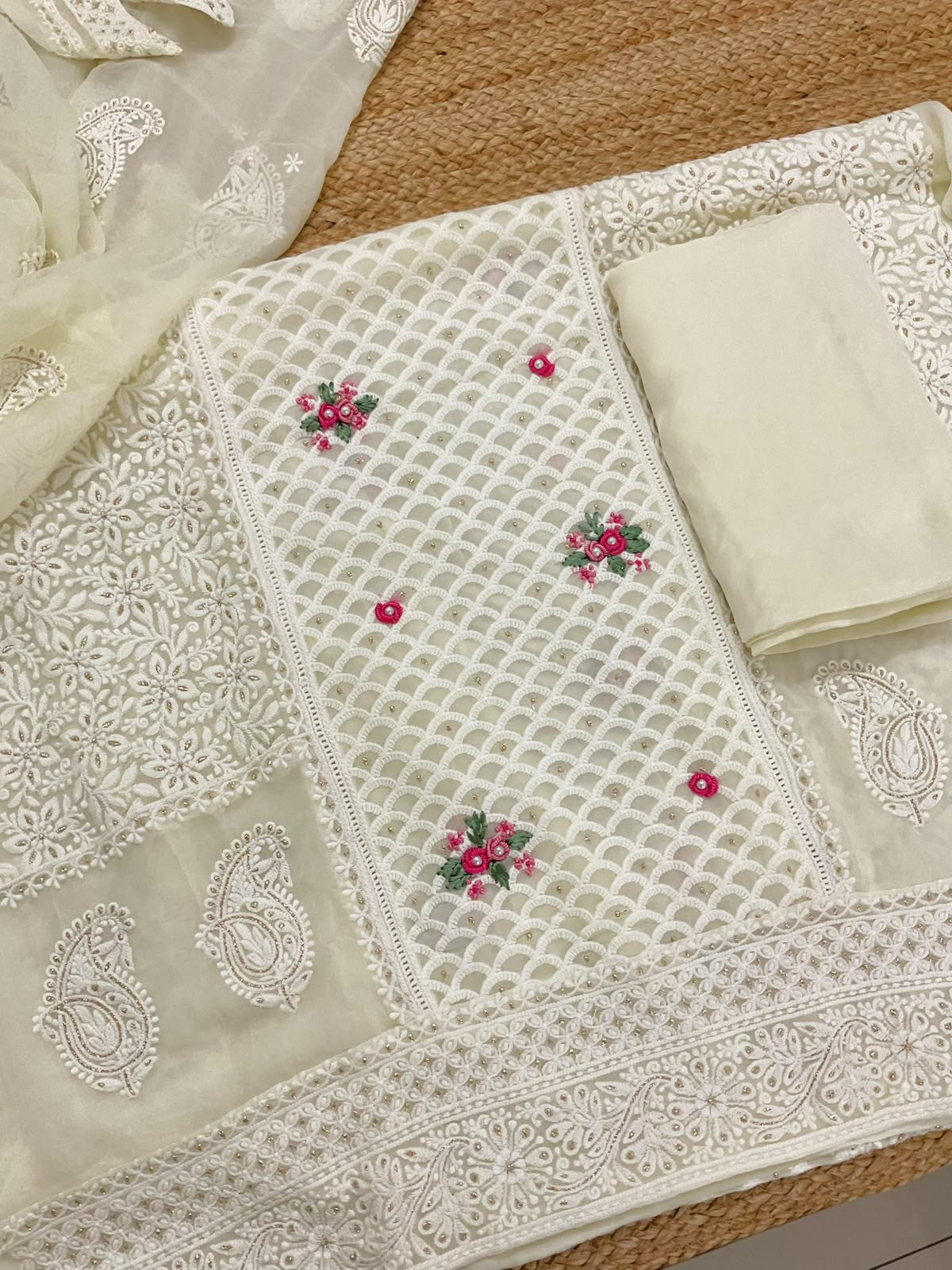 Pure Fine Georgette Embroidered Suit - Off White