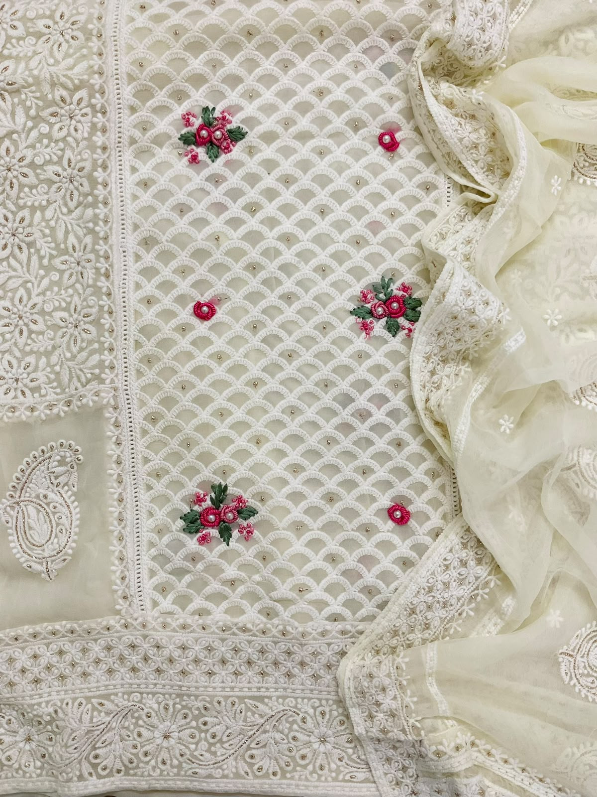 Pure Fine Georgette Embroidered Suit - Off White