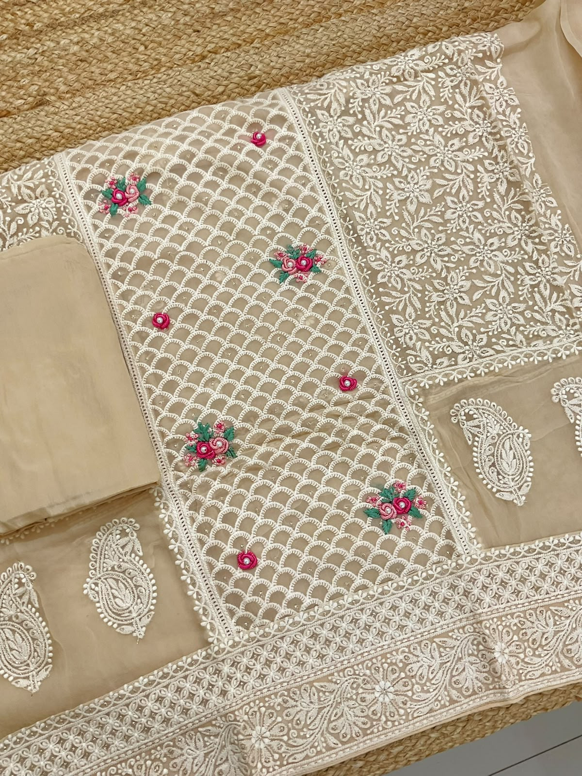 Pure Fine Georgette Embroidered Suit - Beige