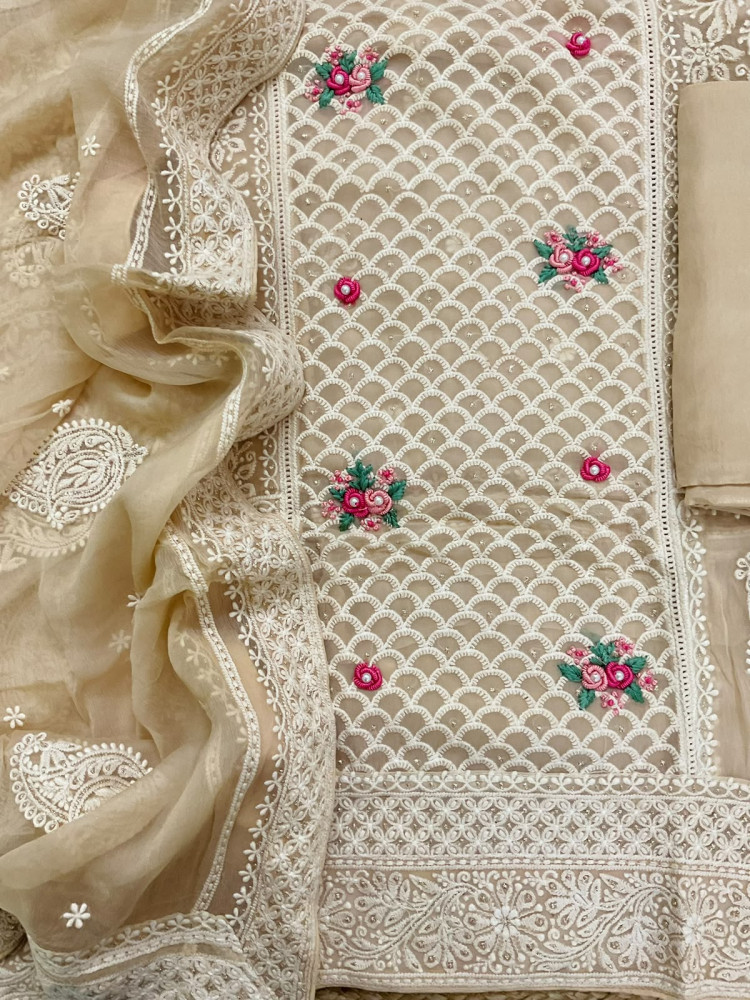 Image of Pure Fine Georgette Embroidered Suit - Beige