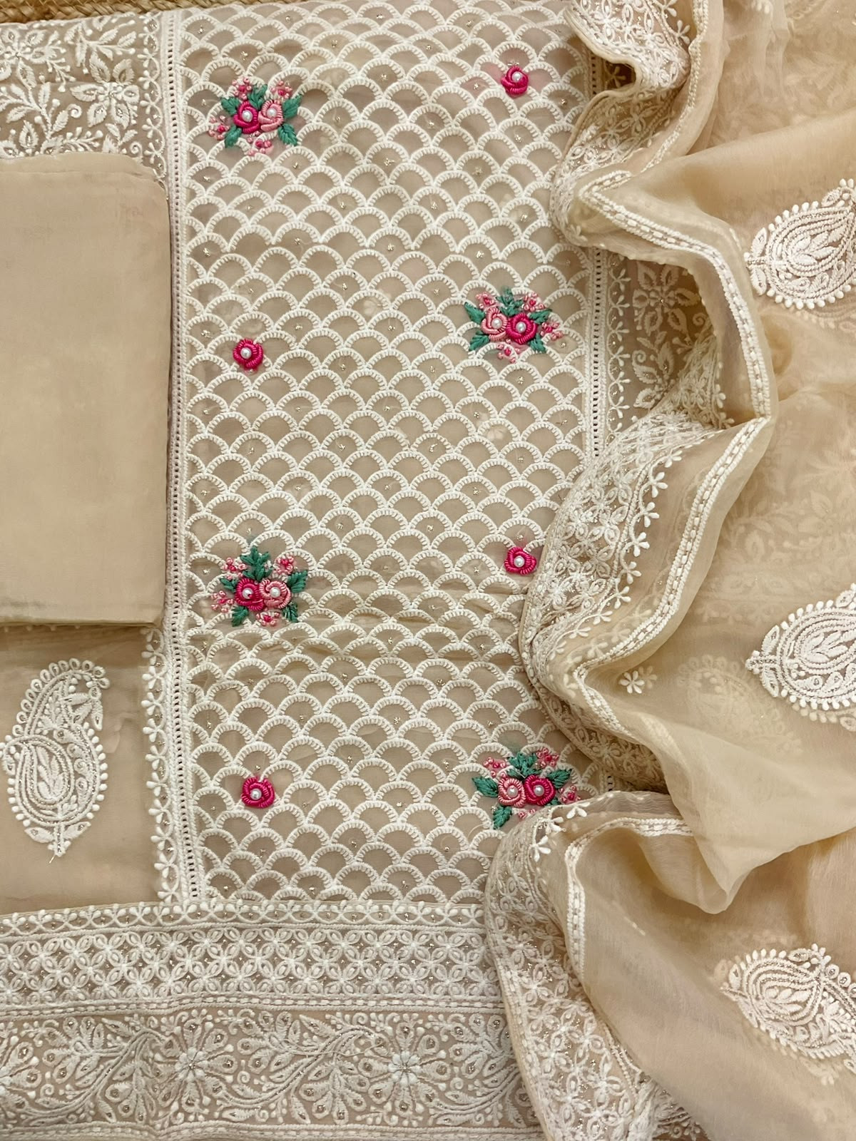 Pure Fine Georgette Embroidered Suit - Beige