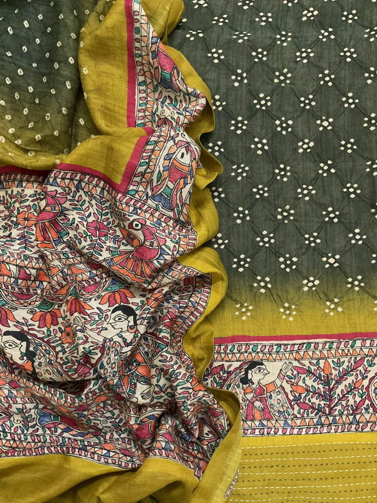 Image of Pure Slub Chanderi Printed Embroidered Border Suit - Green