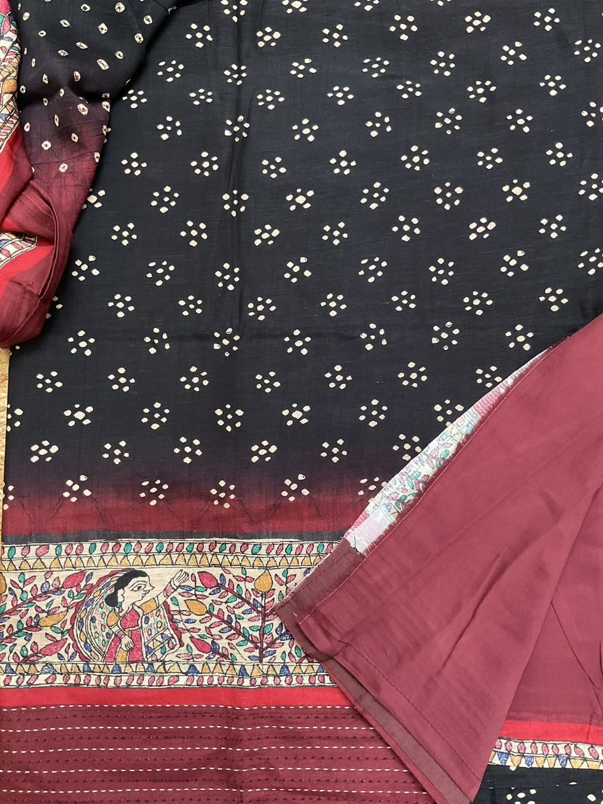 Pure Slub Chanderi Printed Embroidered Border Suit - Black