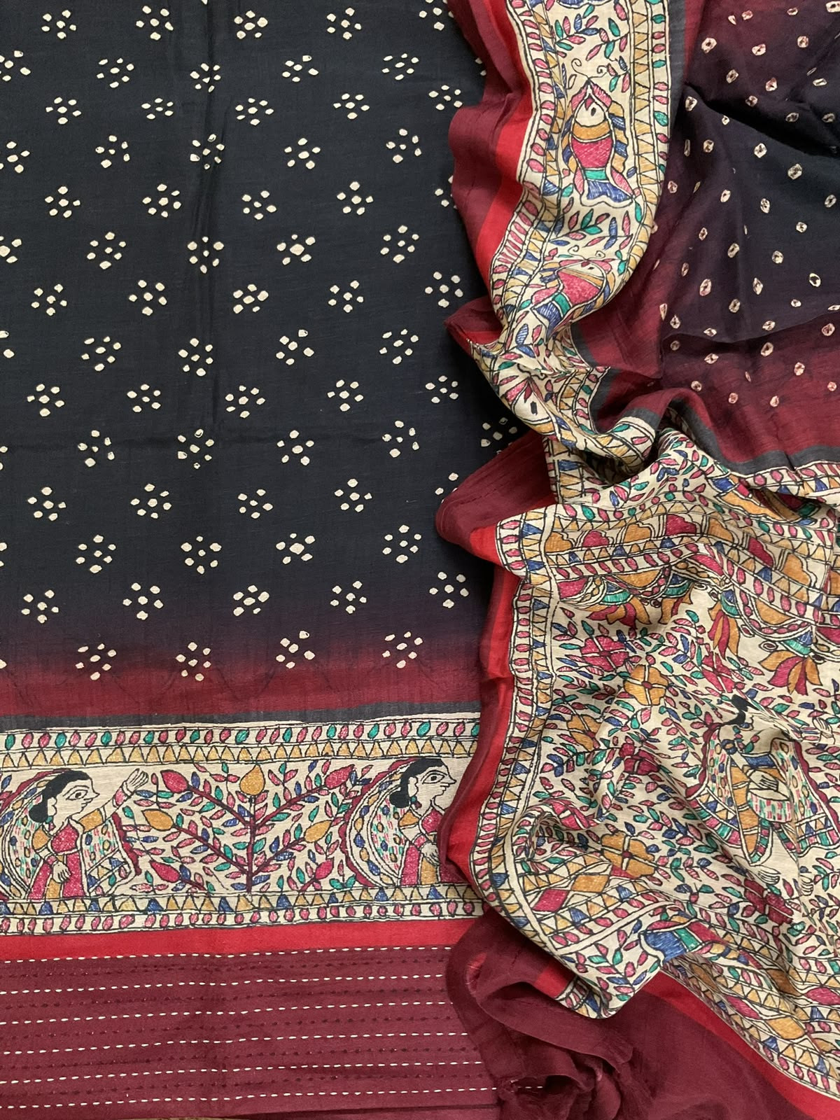 Pure Slub Chanderi Printed Embroidered Border Suit - Black