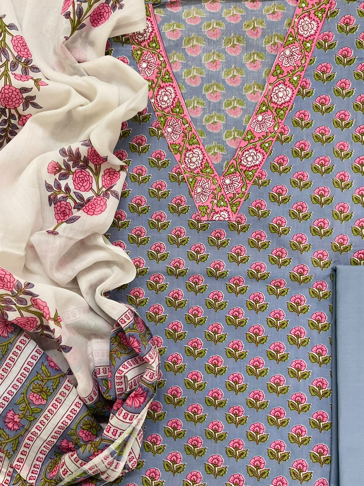 Pure Cotton Printed Embroidered Suit - Lilac Grey