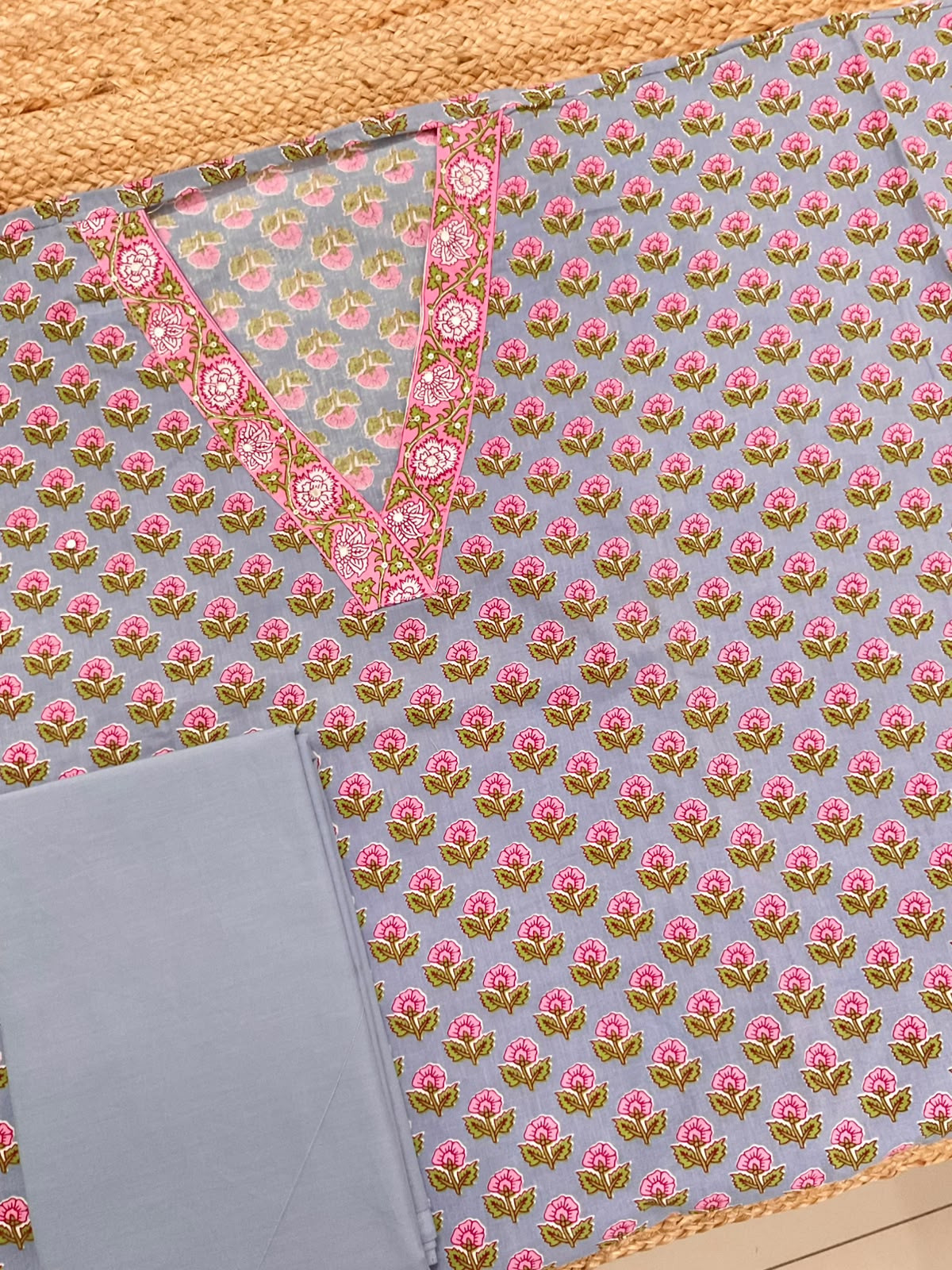 Pure Cotton Printed Embroidered Suit - Lilac Grey