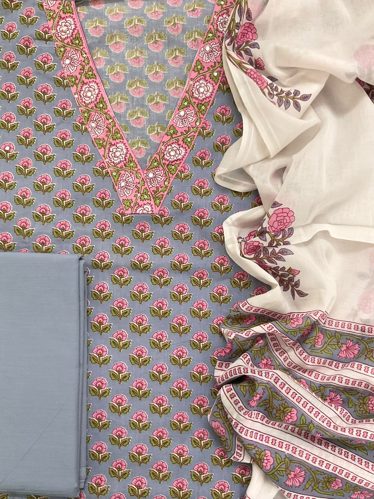 Pure Cotton Printed Embroidered Suit - Lilac Grey