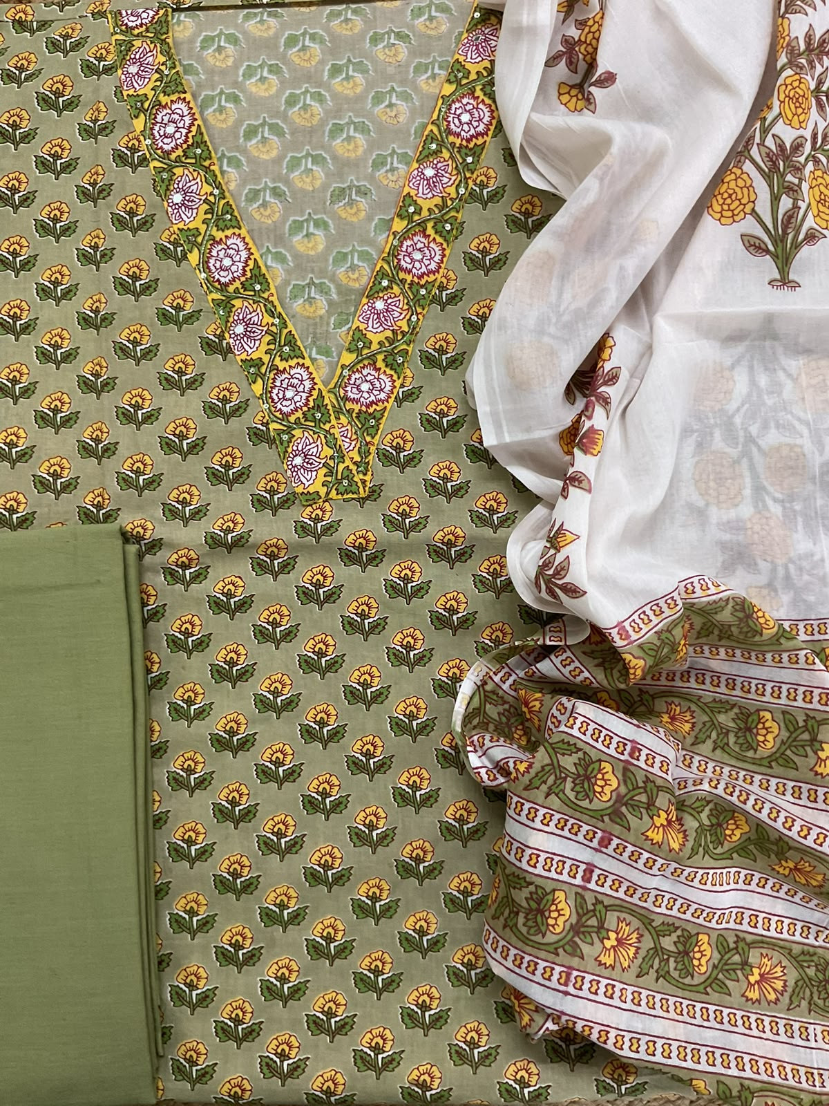 Pure Cotton Printed Embroidered Suit - Green
