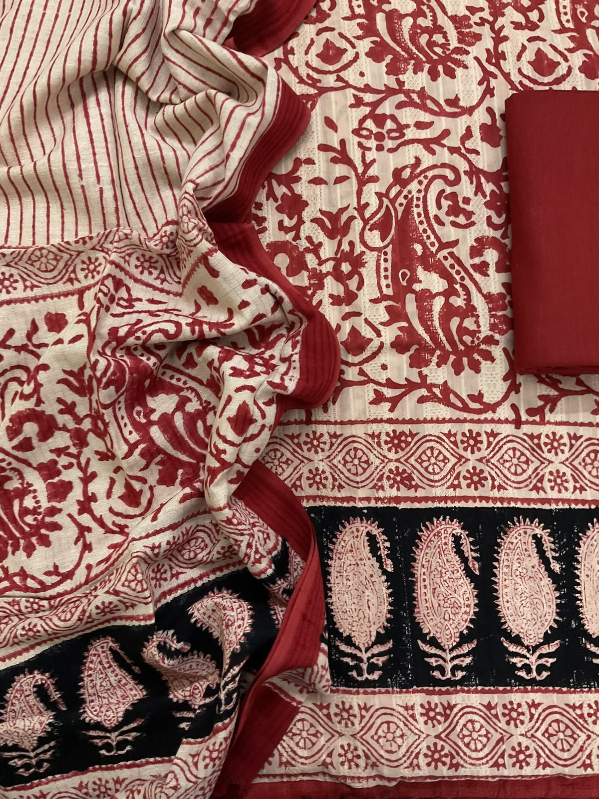 Pure Cotton Self Weaved Printed Suit - Red