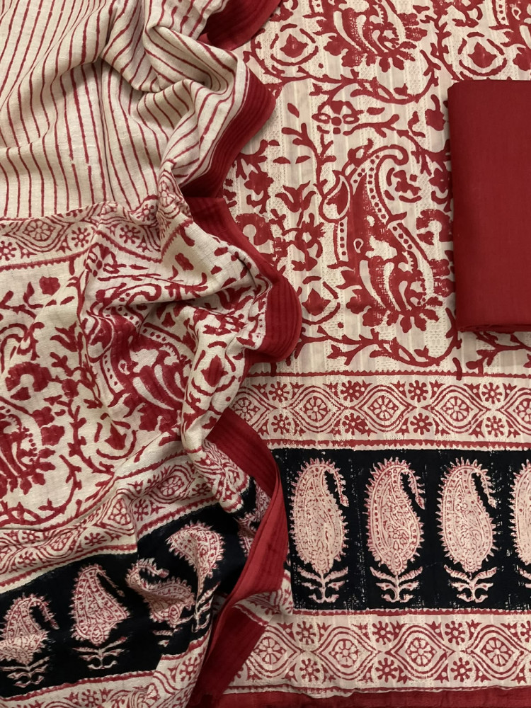 Image of Pure Cotton Self Weaved Printed Suit - Red