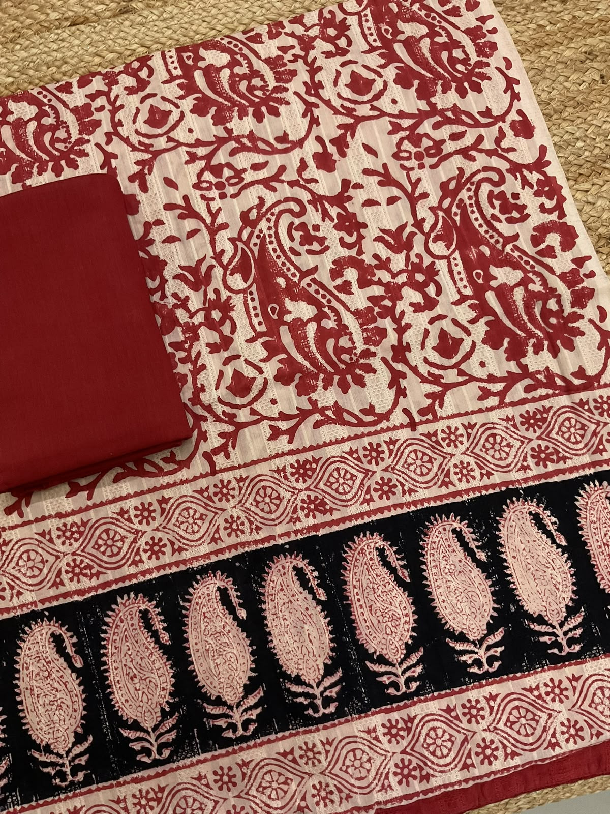 Pure Cotton Self Weaved Printed Suit - Red