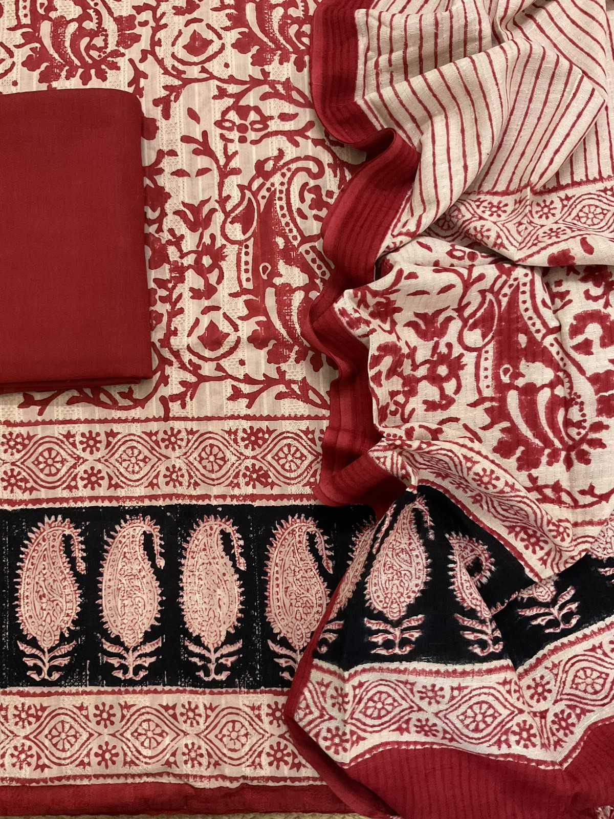 Pure Cotton Self Weaved Printed Suit - Red