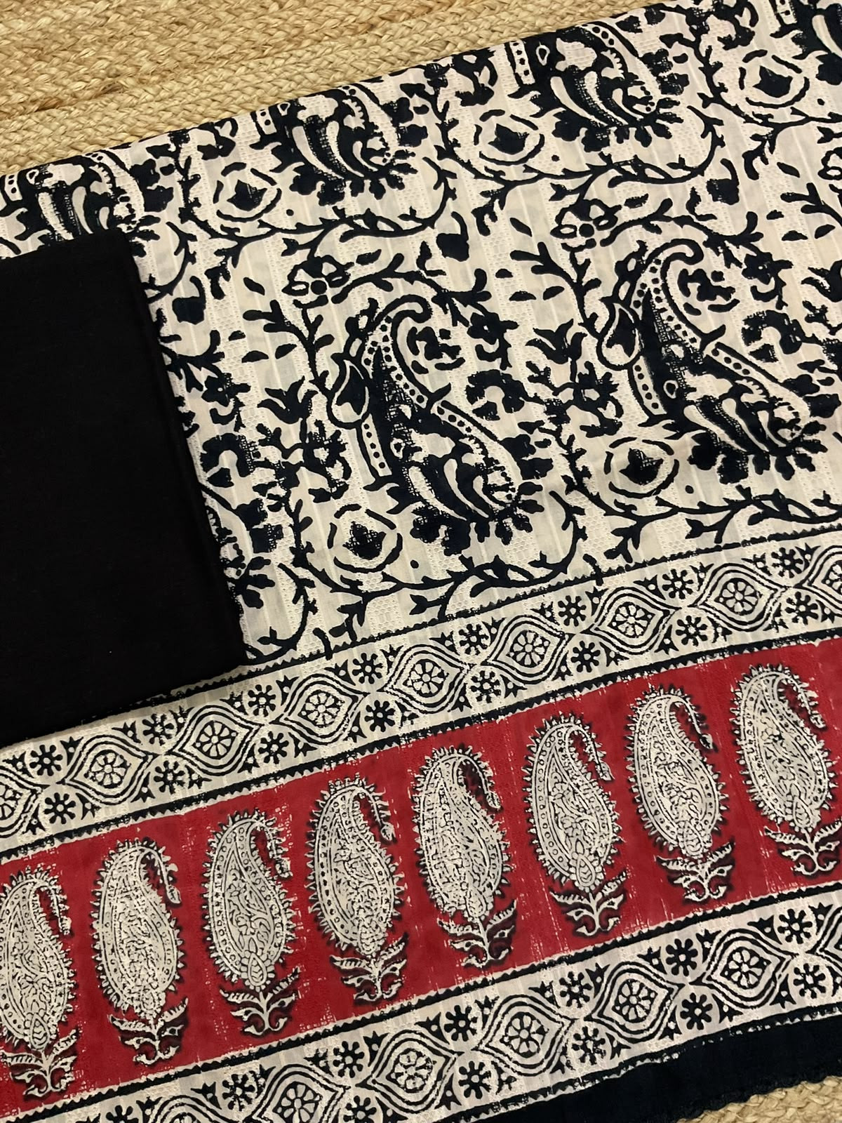 Pure Cotton Self Weaved Printed Suit - Black
