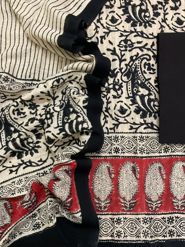 Image of Pure Cotton Self Weaved Printed Suit - Black