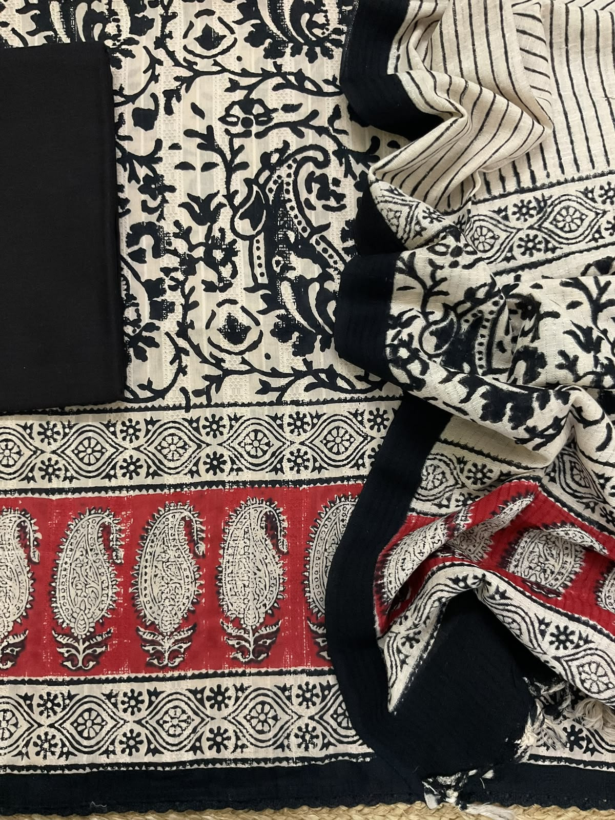 Pure Cotton Self Weaved Printed Suit - Black