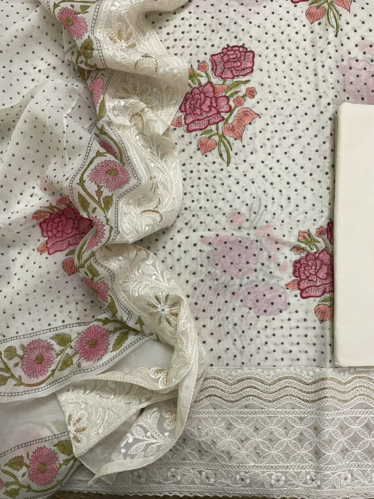 Image of Pure Chanderi Printed Embroidered Suit - Off White