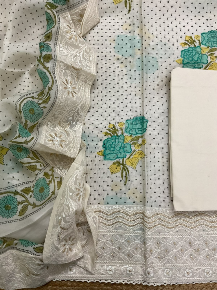 Image of Pure Chanderi Printed Embroidered Suit - Off White