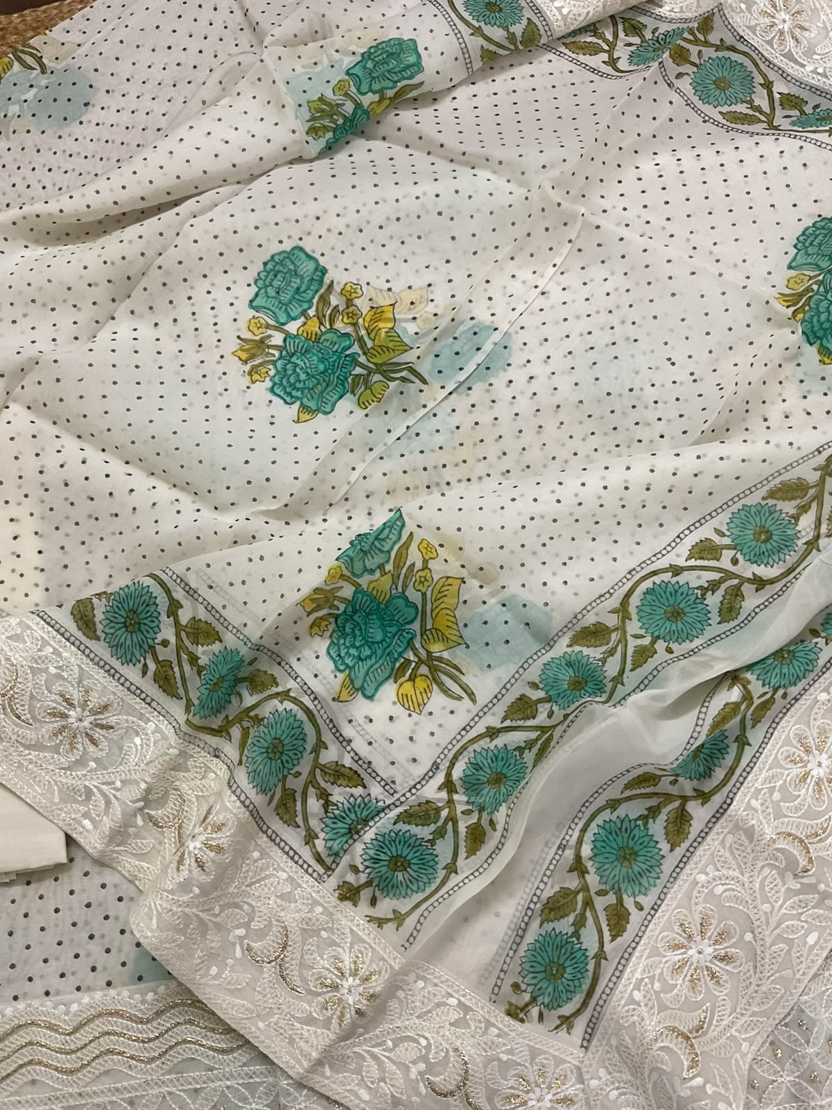 Pure Chanderi Printed Embroidered Suit - Off White