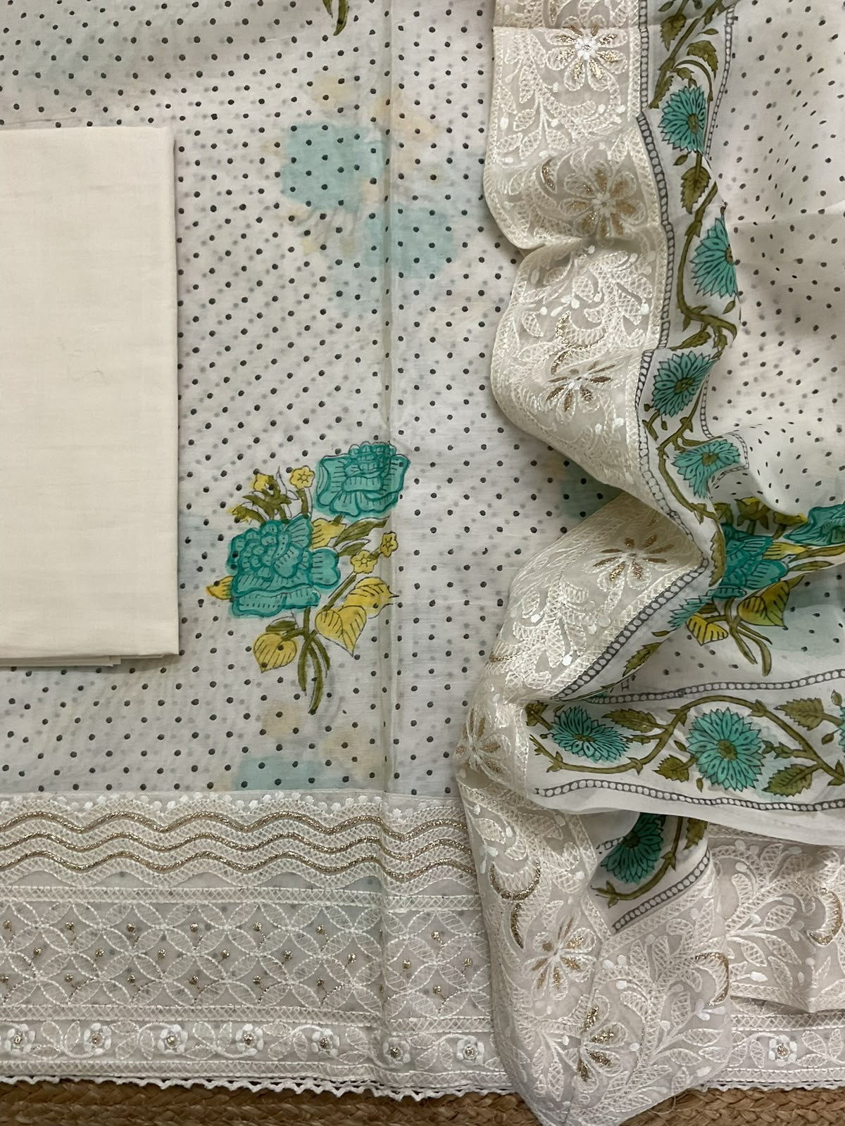 Pure Chanderi Printed Embroidered Suit - Off White