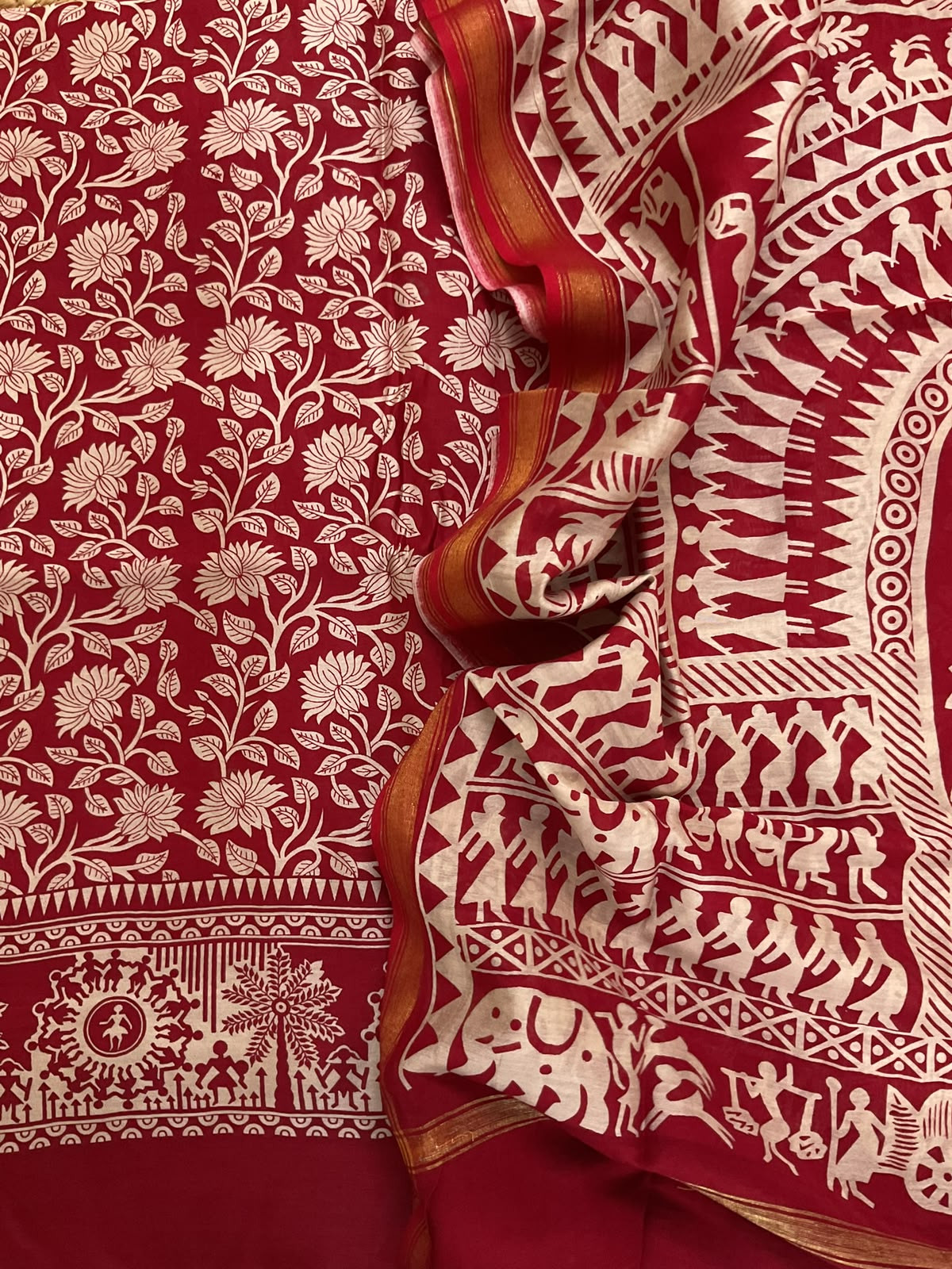 Pure Chanderi Printed Suit - Dark Red
