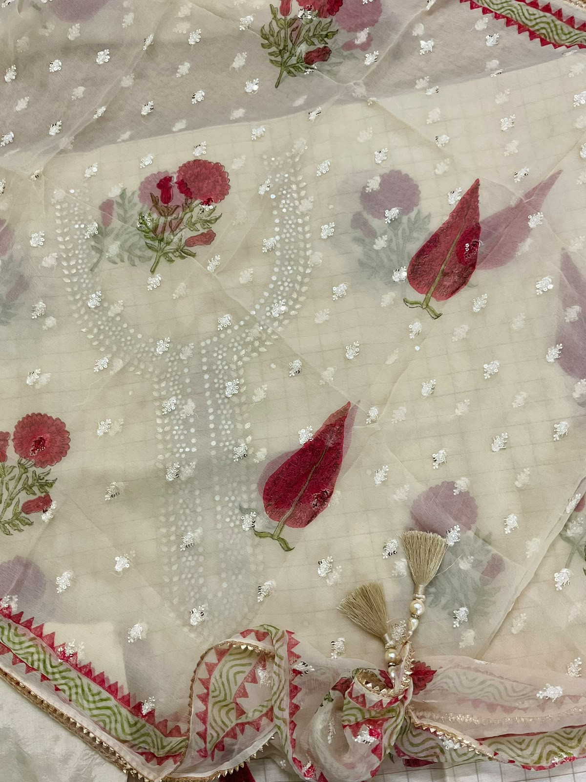Soft Chanderi Printed Embroidered Self Weaved Suit - Cream