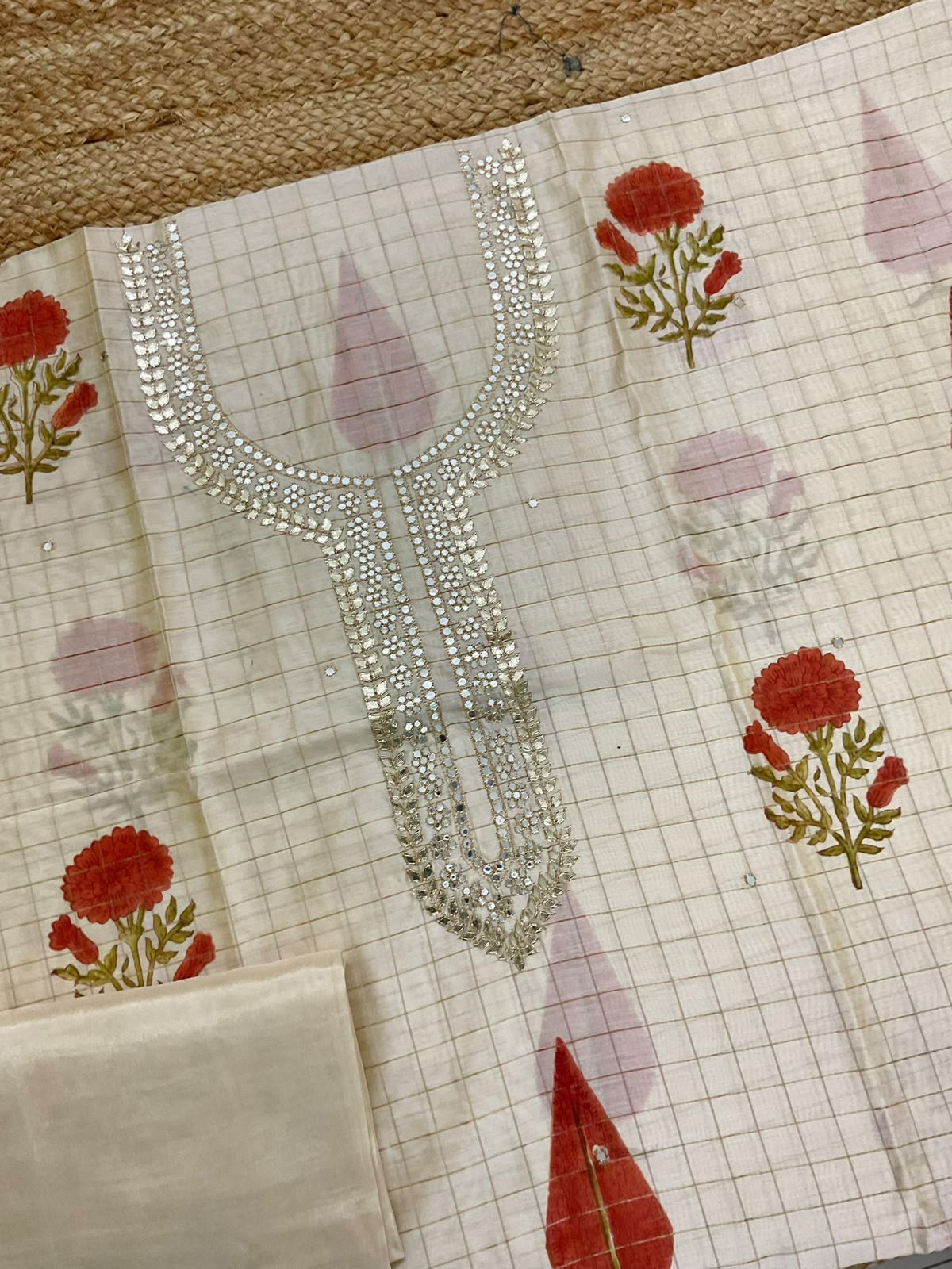 Soft Chanderi Printed Embroidered Self Weaved Suit - Cream