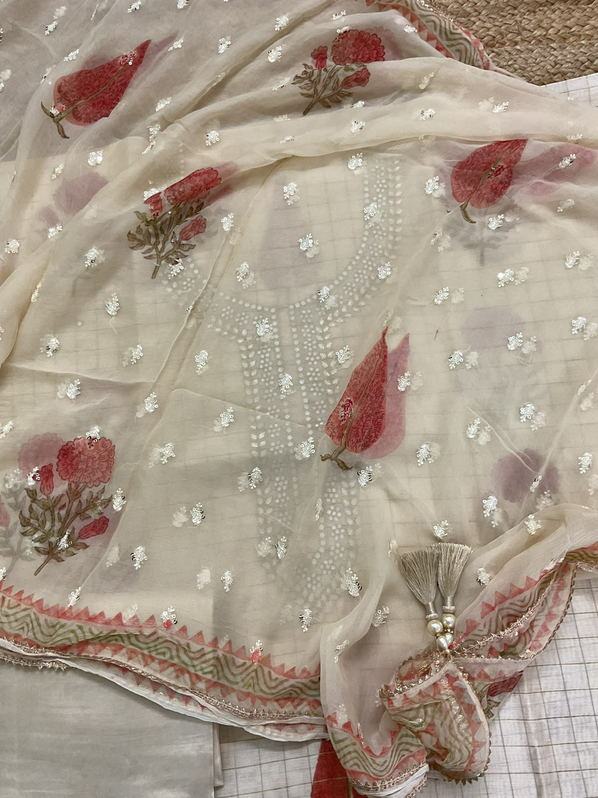 Soft Chanderi Printed Embroidered Self Weaved Suit - Cream