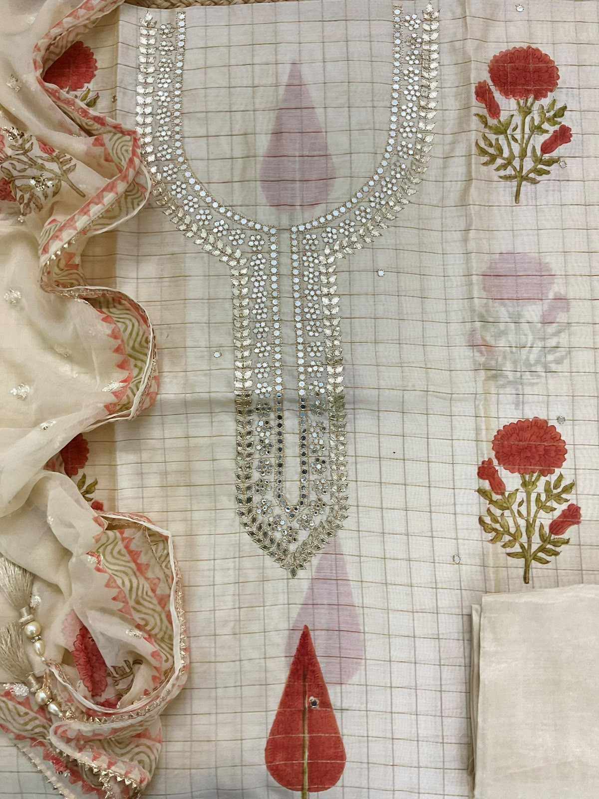 Soft Chanderi Printed Embroidered Self Weaved Suit - Cream