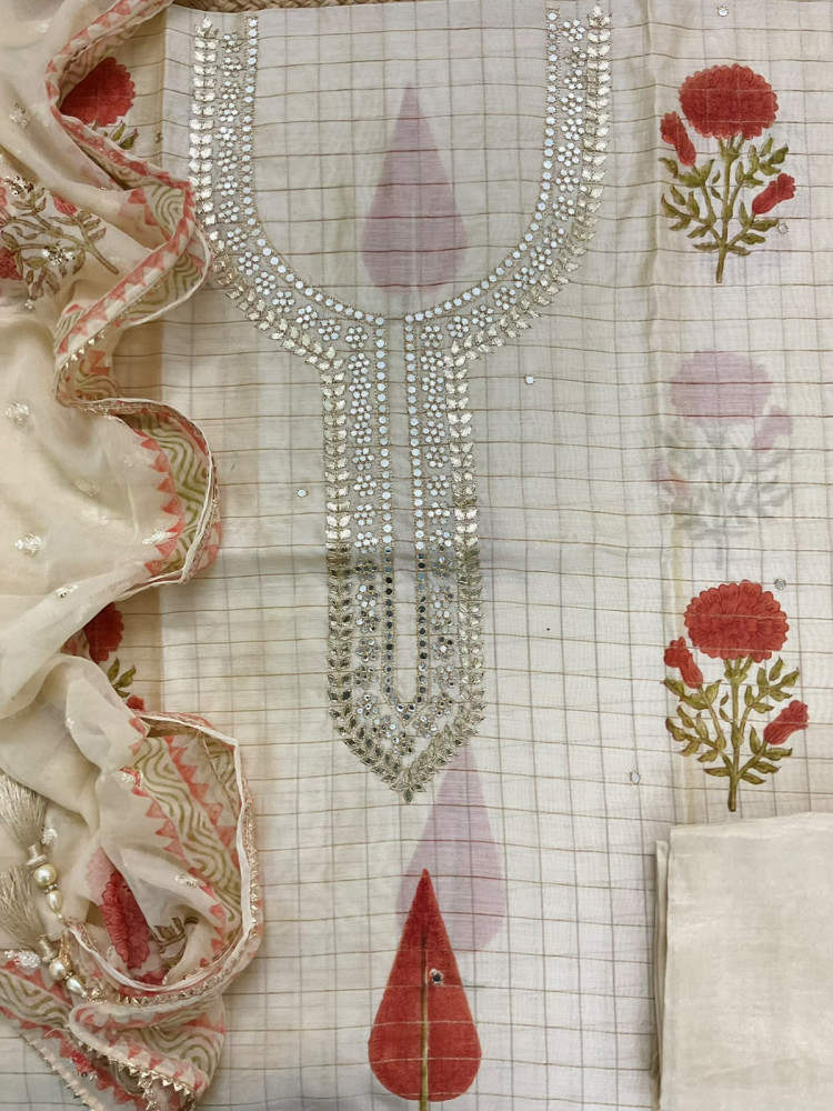 Image of Soft Chanderi Printed Embroidered Self Weaved Suit - Cream