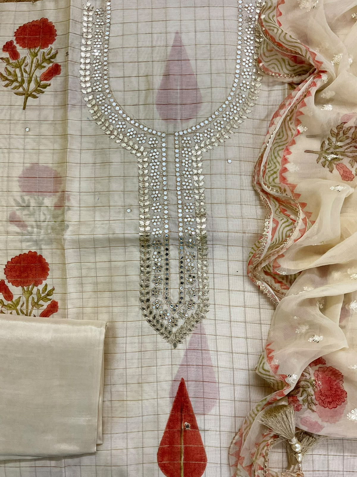 Soft Chanderi Printed Embroidered Self Weaved Suit - Cream