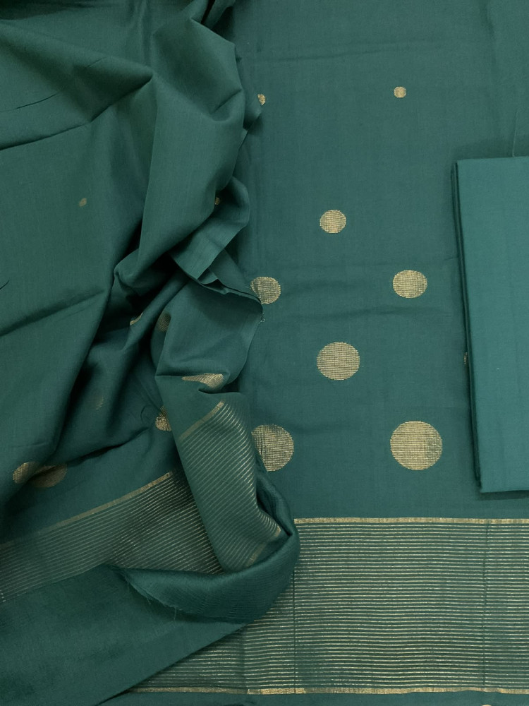 Image of Pure Handloom Cotton Self Weaved Suit - Green