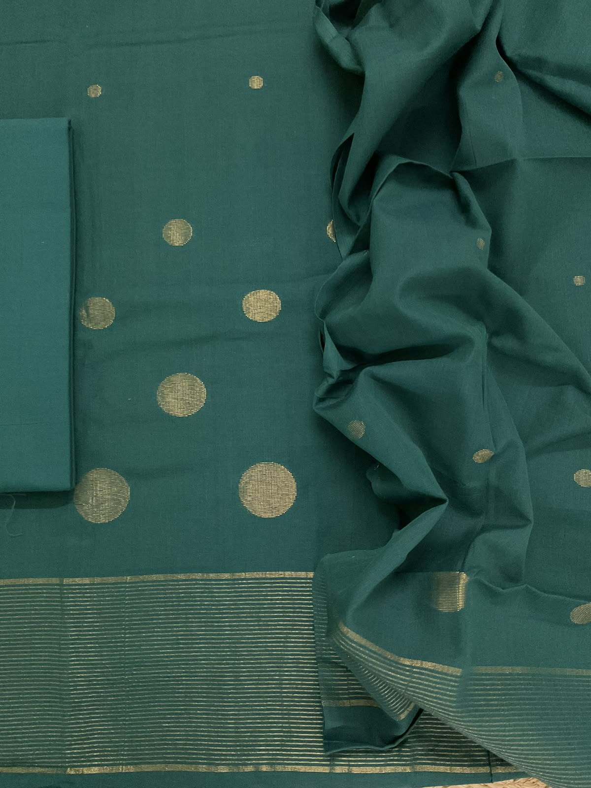 Pure Handloom Cotton Self Weaved Suit - Green