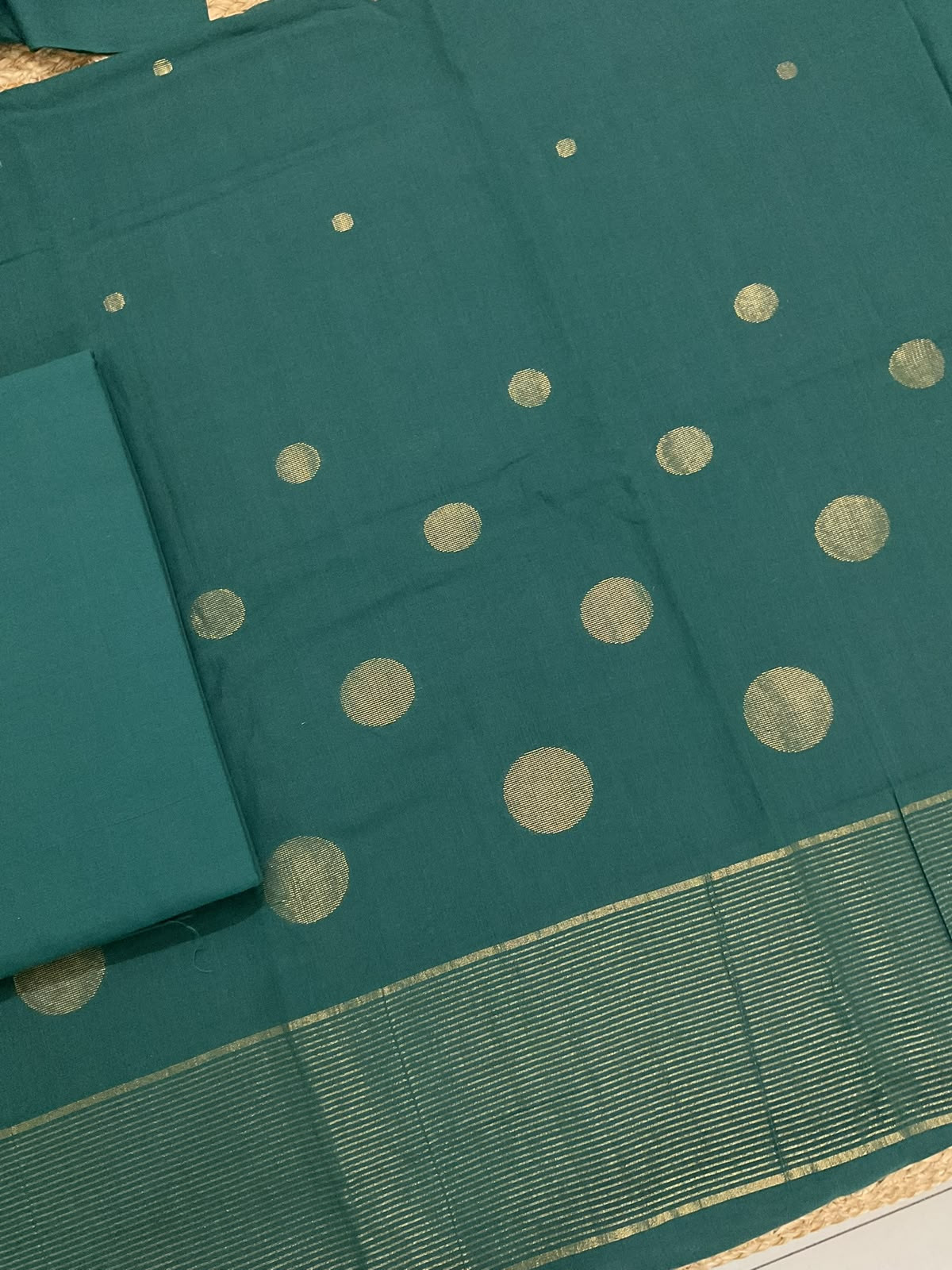 Pure Handloom Cotton Self Weaved Suit - Green