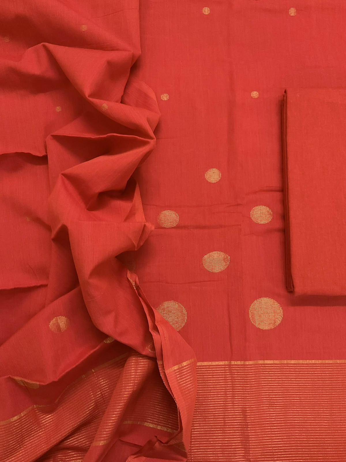 Pure Handloom Cotton Self Weaved Suit - Orange