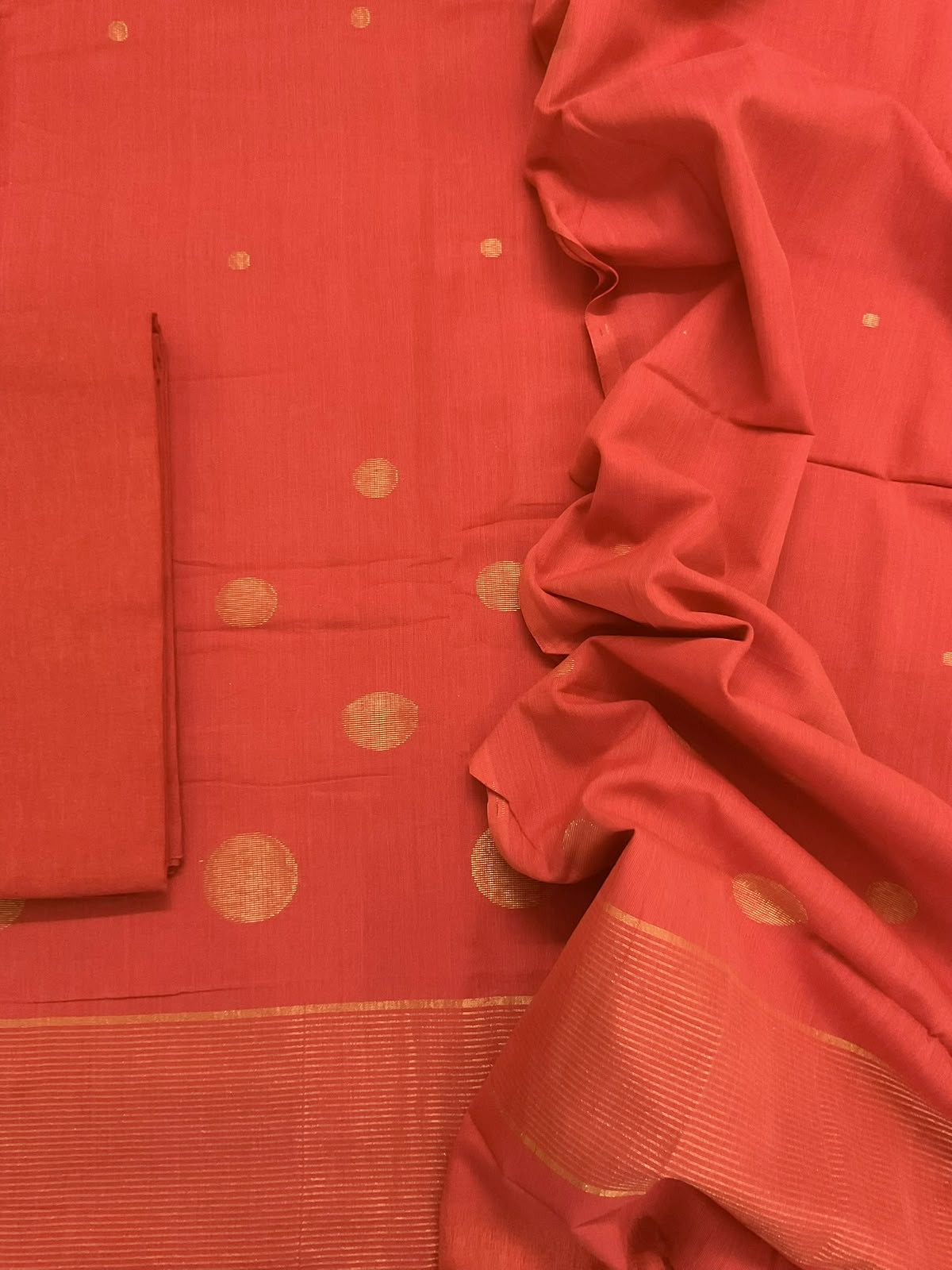 Pure Handloom Cotton Self Weaved Suit - Orange