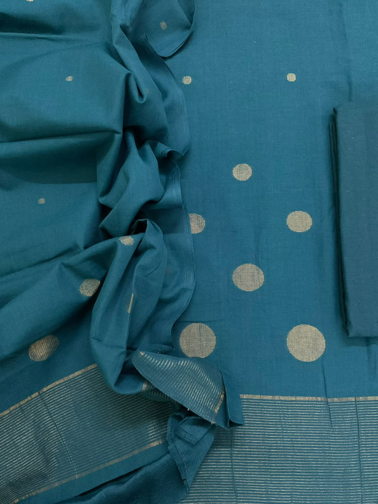 Image of Pure Handloom Cotton Self Weaved Suit - Peacock Blue