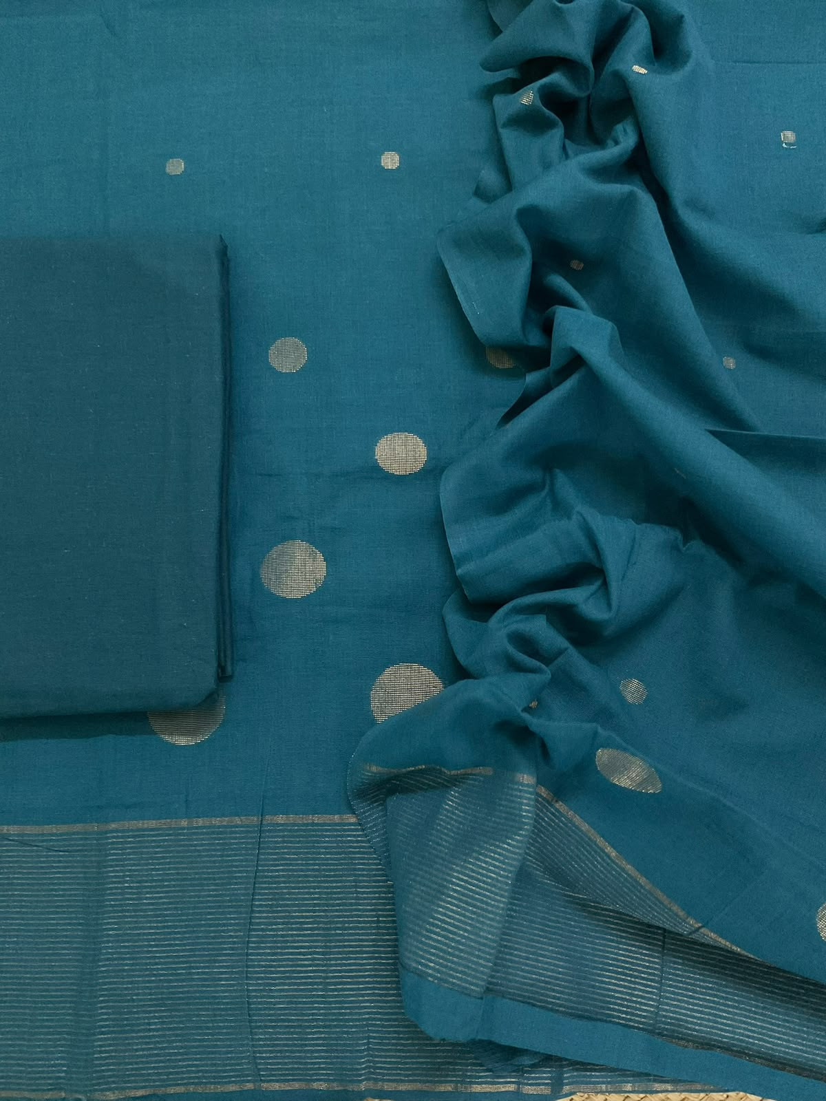 Pure Handloom Cotton Self Weaved Suit - Peacock Blue