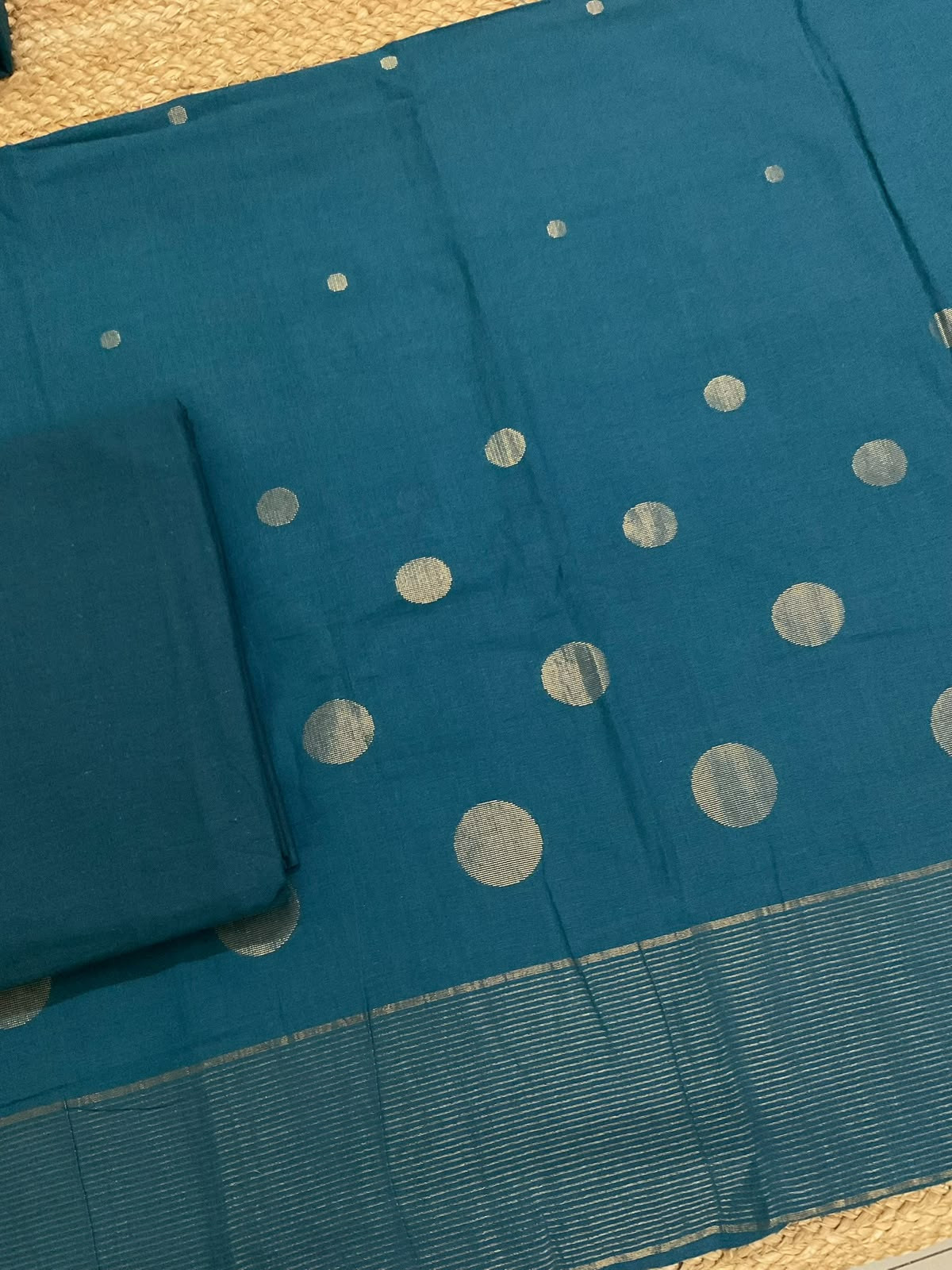 Pure Handloom Cotton Self Weaved Suit - Peacock Blue