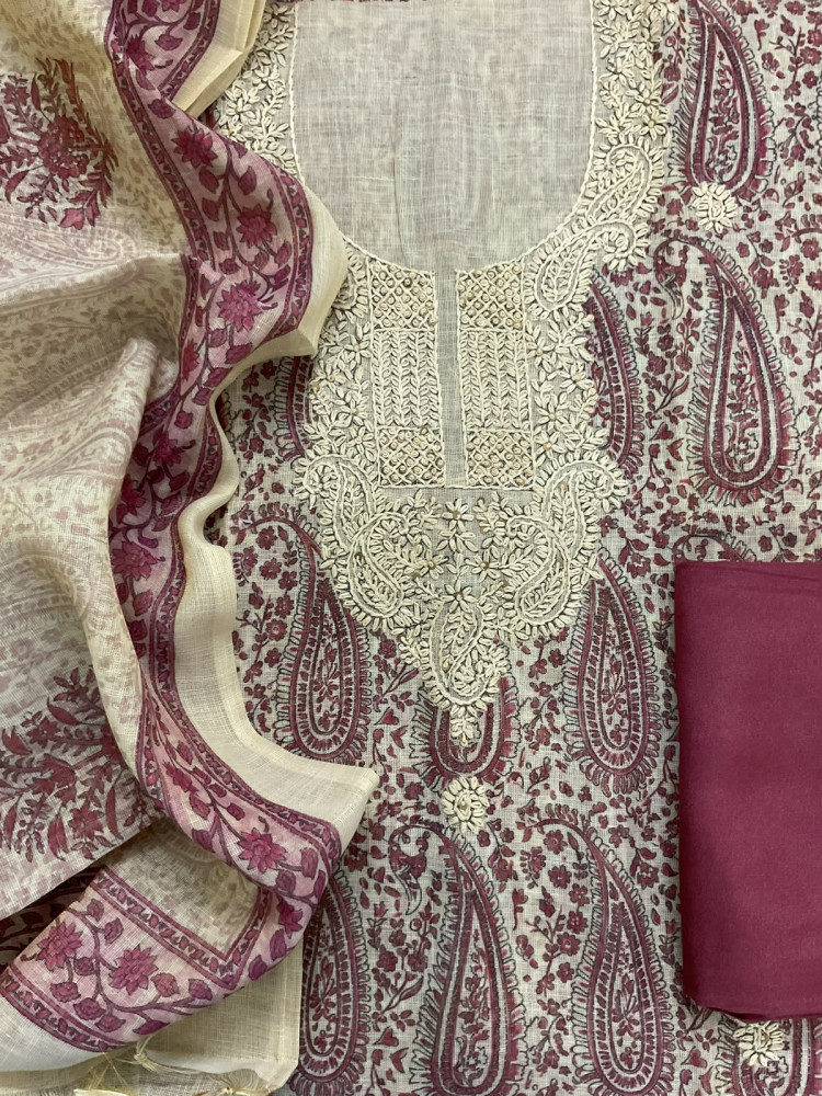 Image of Soft Tissue Slub Cotton Printed Embroidered Suit - Beige