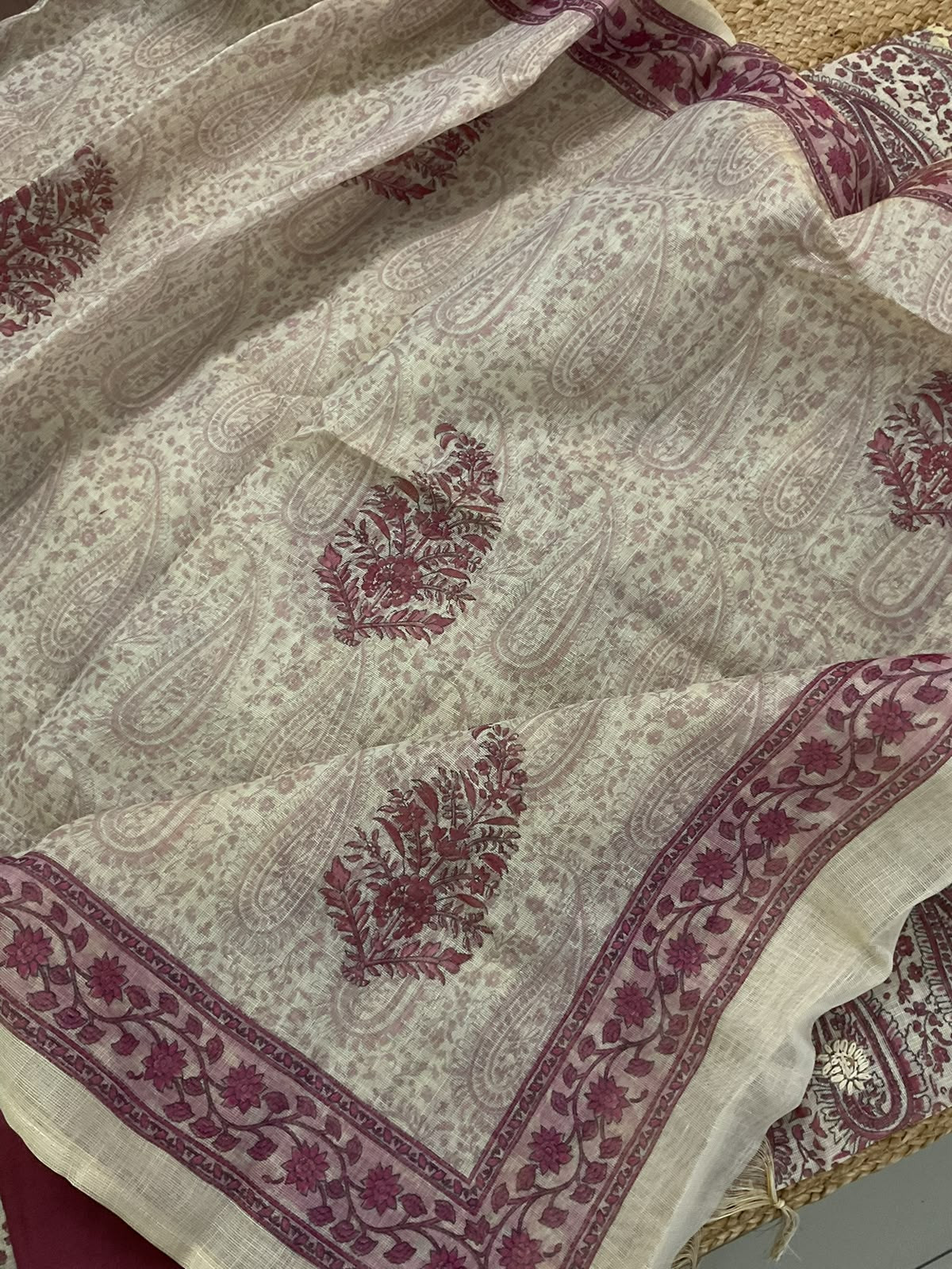 Soft Tissue Slub Cotton Printed Embroidered Suit - Beige