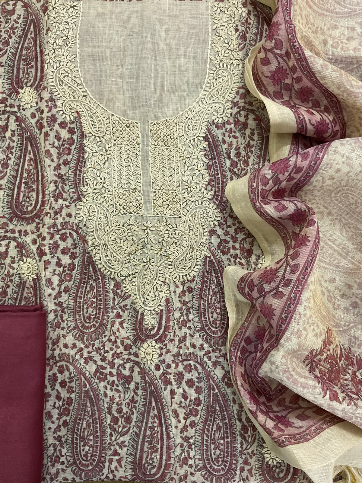 Soft Tissue Slub Cotton Printed Embroidered Suit - Beige