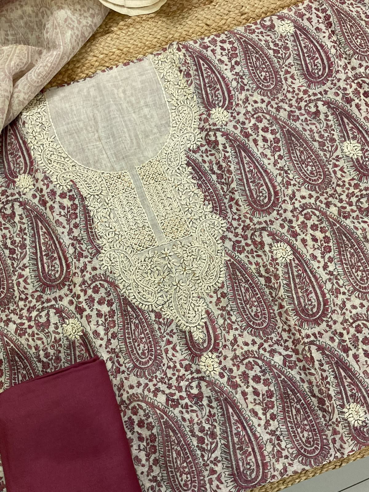 Soft Tissue Slub Cotton Printed Embroidered Suit - Beige