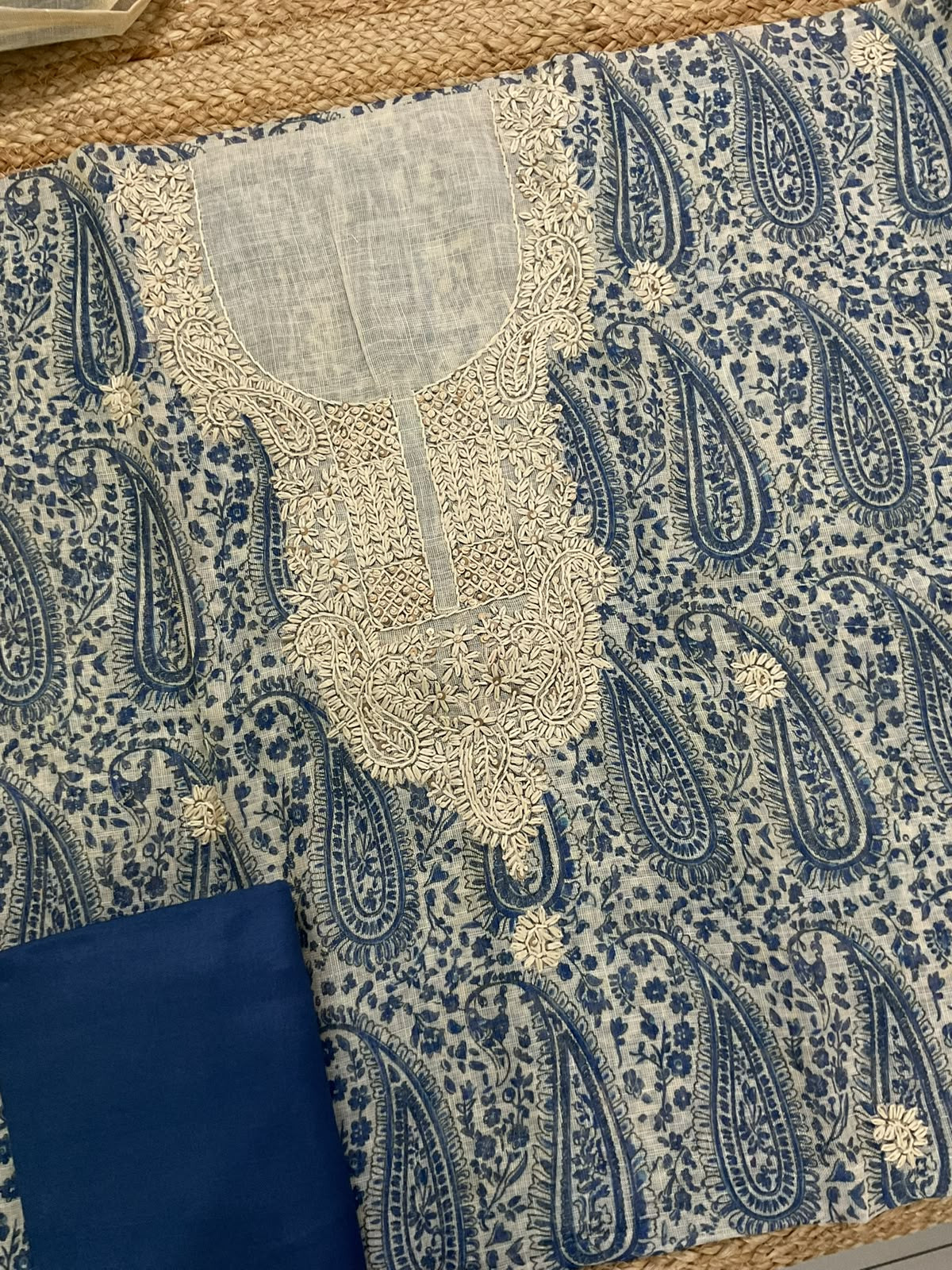 Soft Tissue Slub Cotton Printed Embroidered Suit - Beige